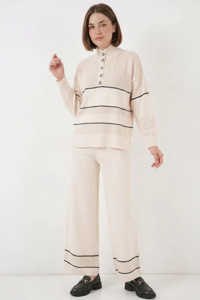  Kadın Yüksek Bel Geniş Paça Oversize Çizgili Triko Ekru Takım 