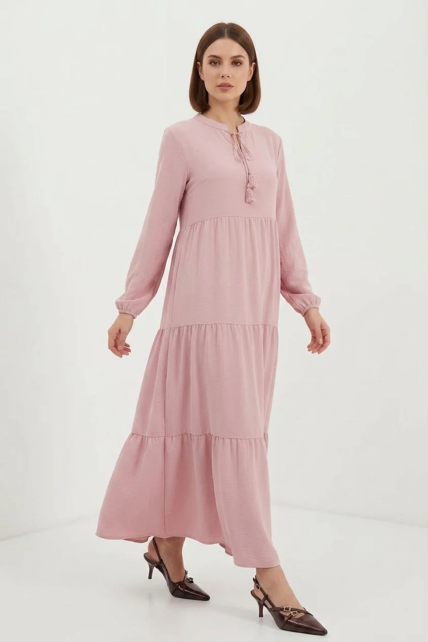  Kadın Bağcıklı Yaka Fırfırlı Açık Pembe Tesettür Elbise 