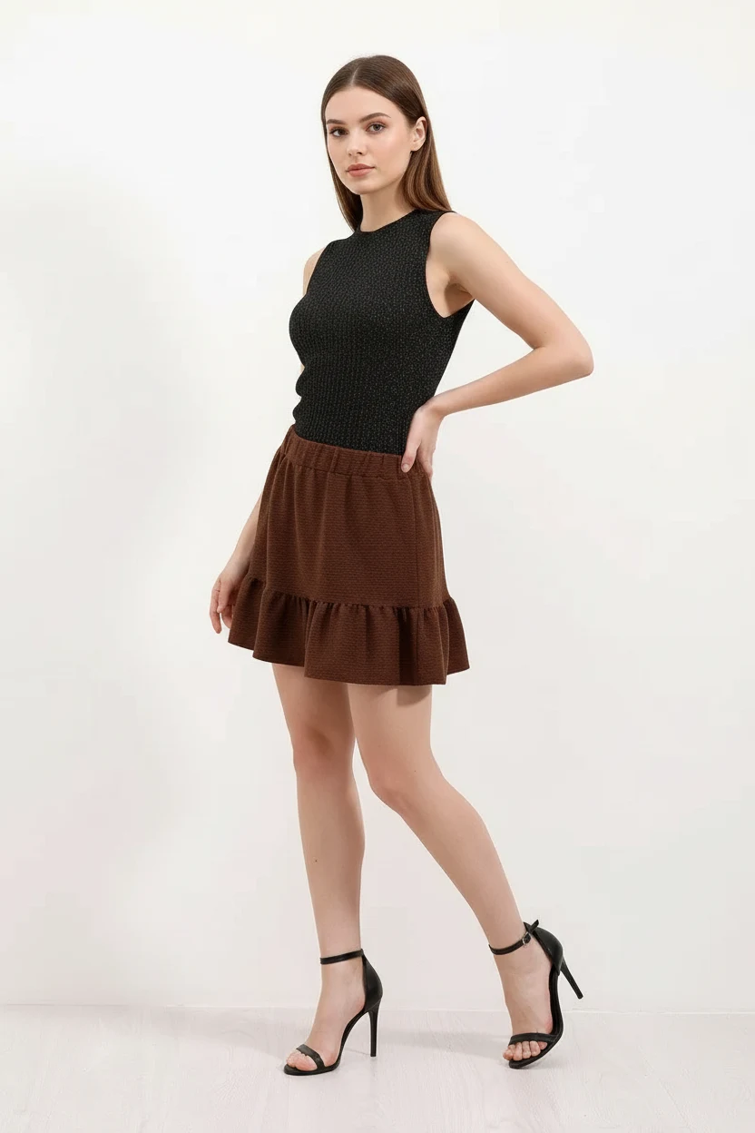  Kadın Fırfırlı Ucu Kahverengi Etek 