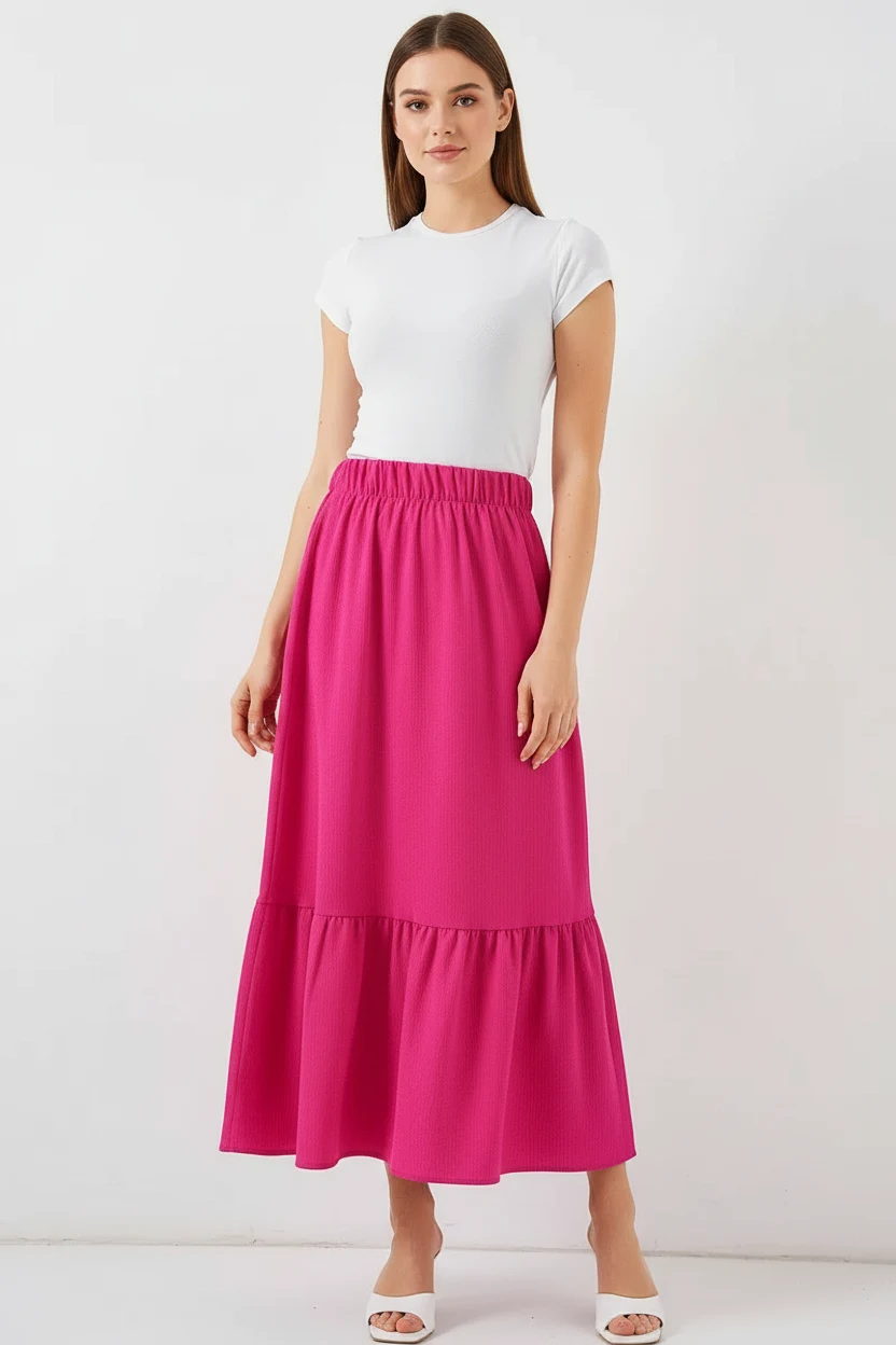  Kadın Fırfırlı Ucu Koyu Pembe Etek 