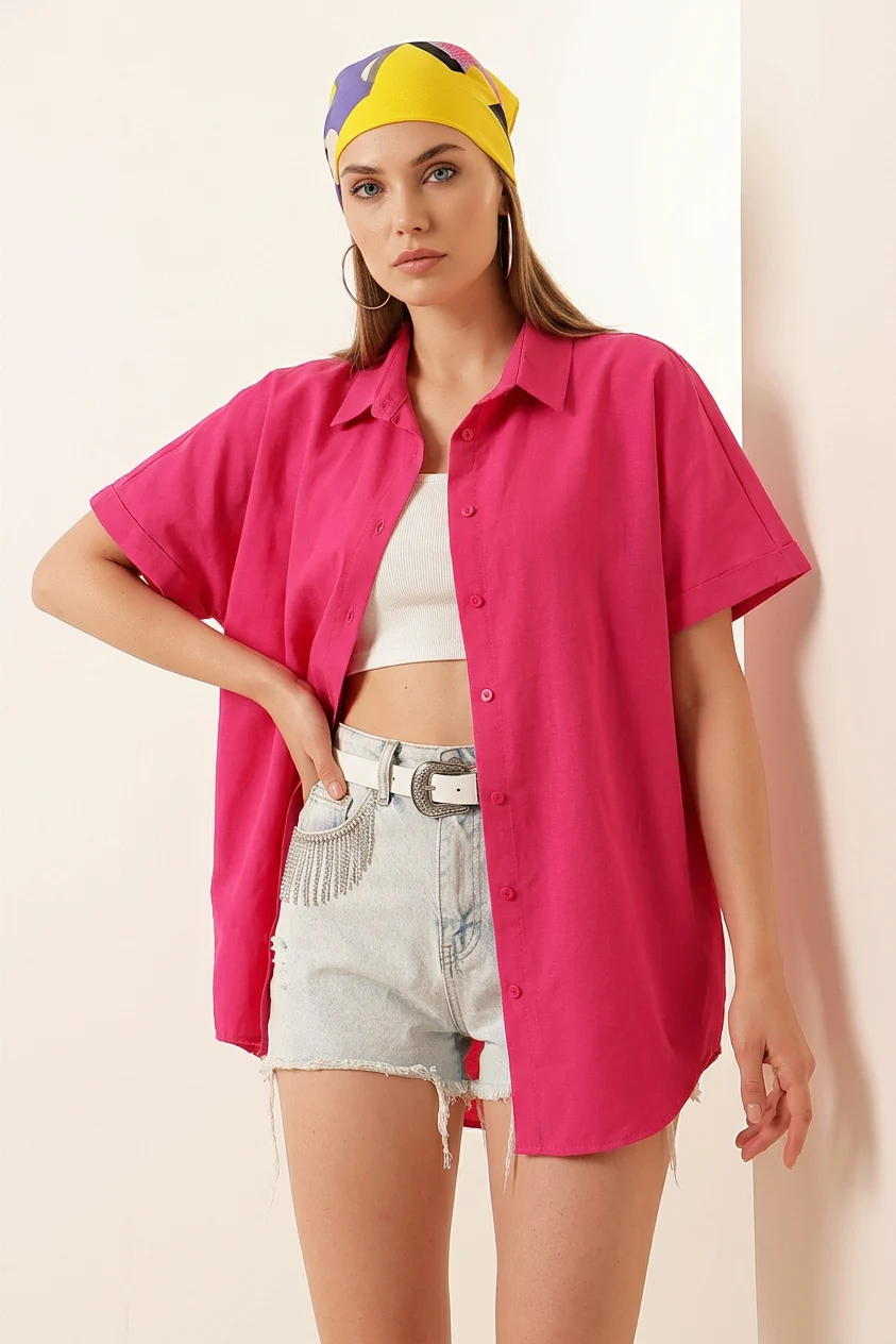  Kadın Kısa Kol Oversize Pamuklu Fuşya Gömlek 