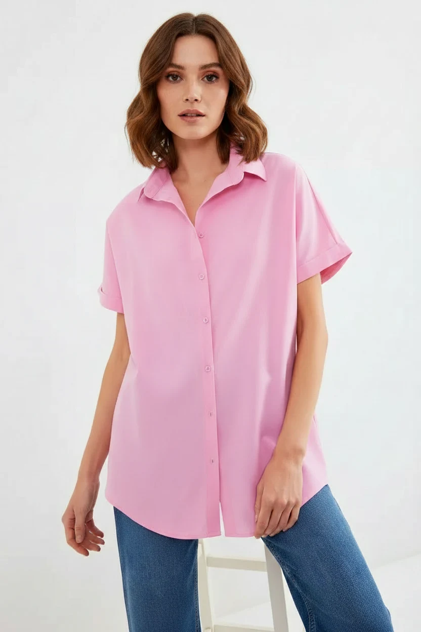  Kadın Kısa Kol Oversize Pamuklu Pembe Gömlek 