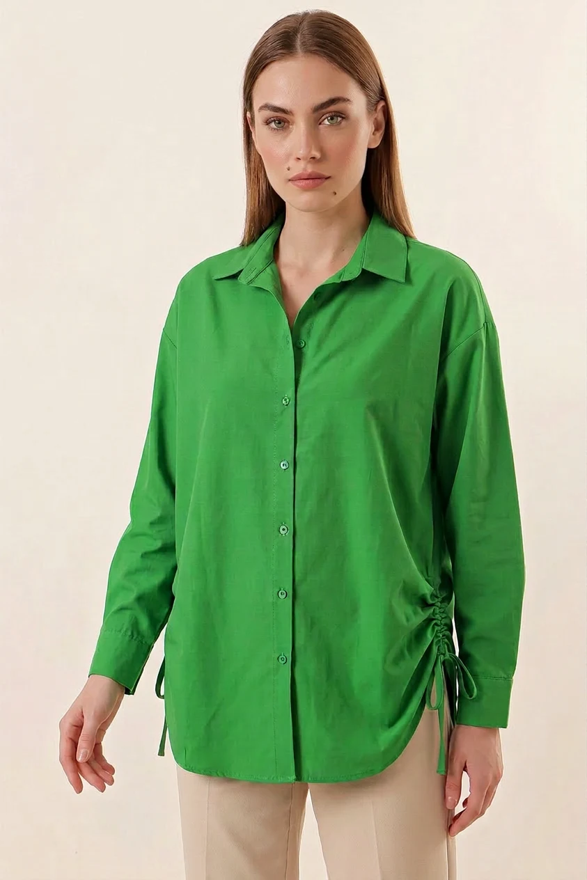  Kadın Belden Büzgülü Oversize Uzun Basic Pamuklu Yeşil Gömlek 