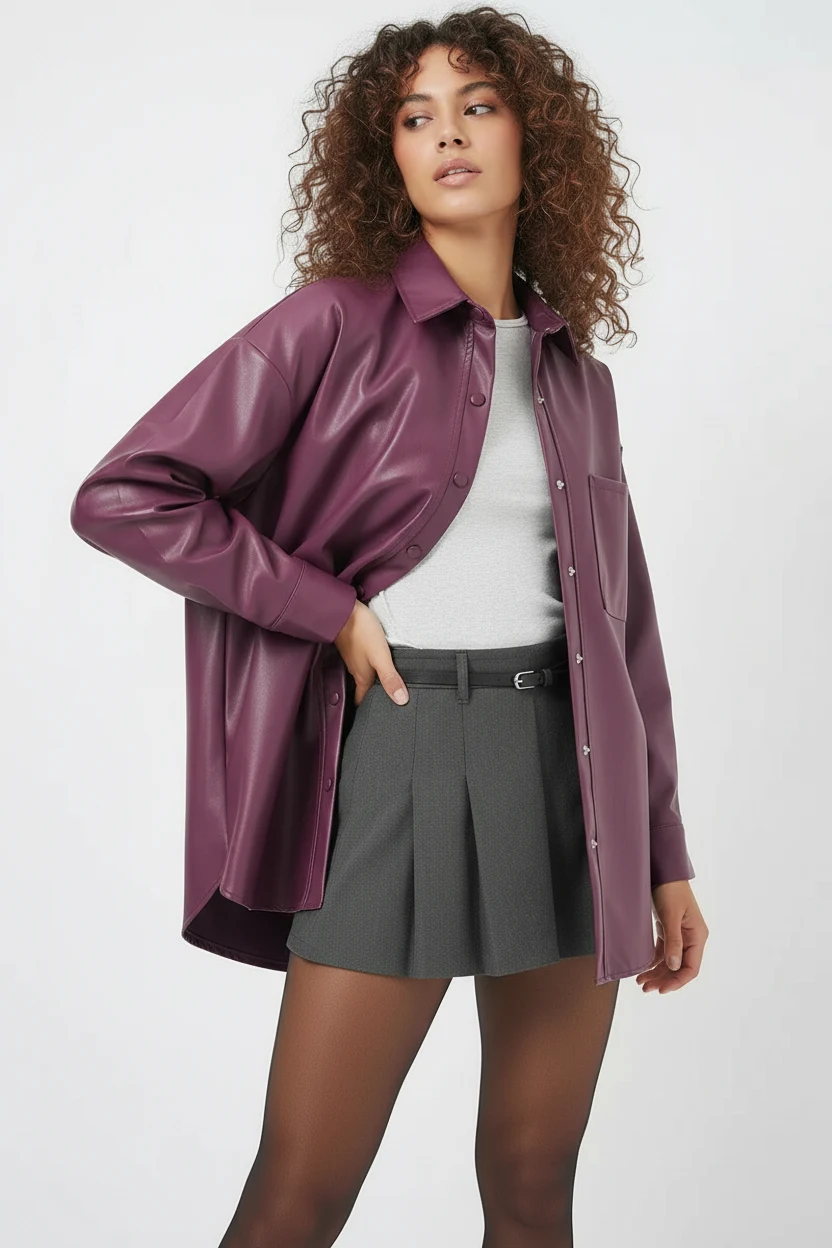  Kadın Oversize Kesim Mürdüm Gömlek 