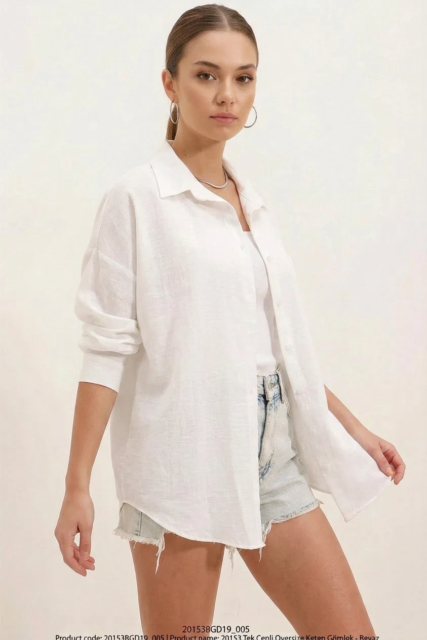  Kadın Oversize Tek Cepli Keten Beyaz Gömlek 