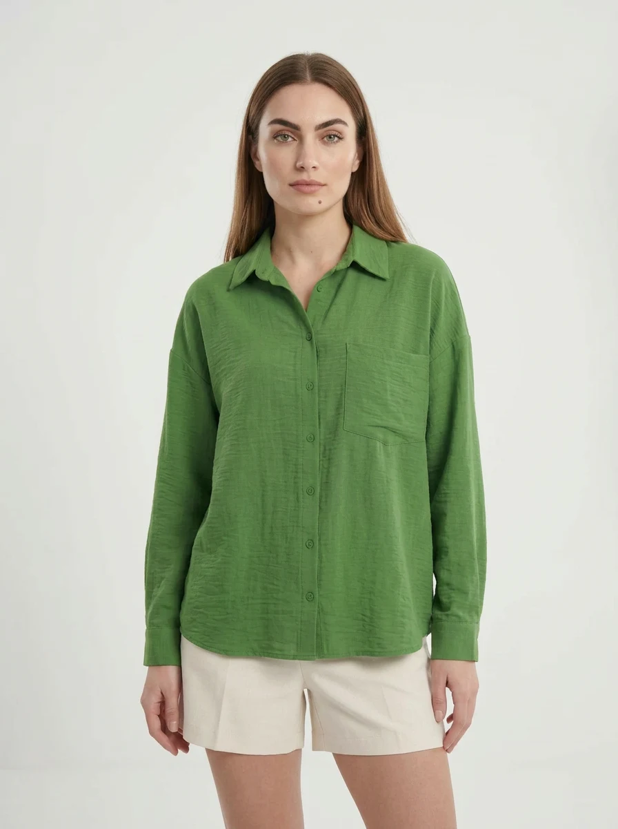  Kadın Tek Cepli Oversize Viskon Çağla Yeşili Gömlek 