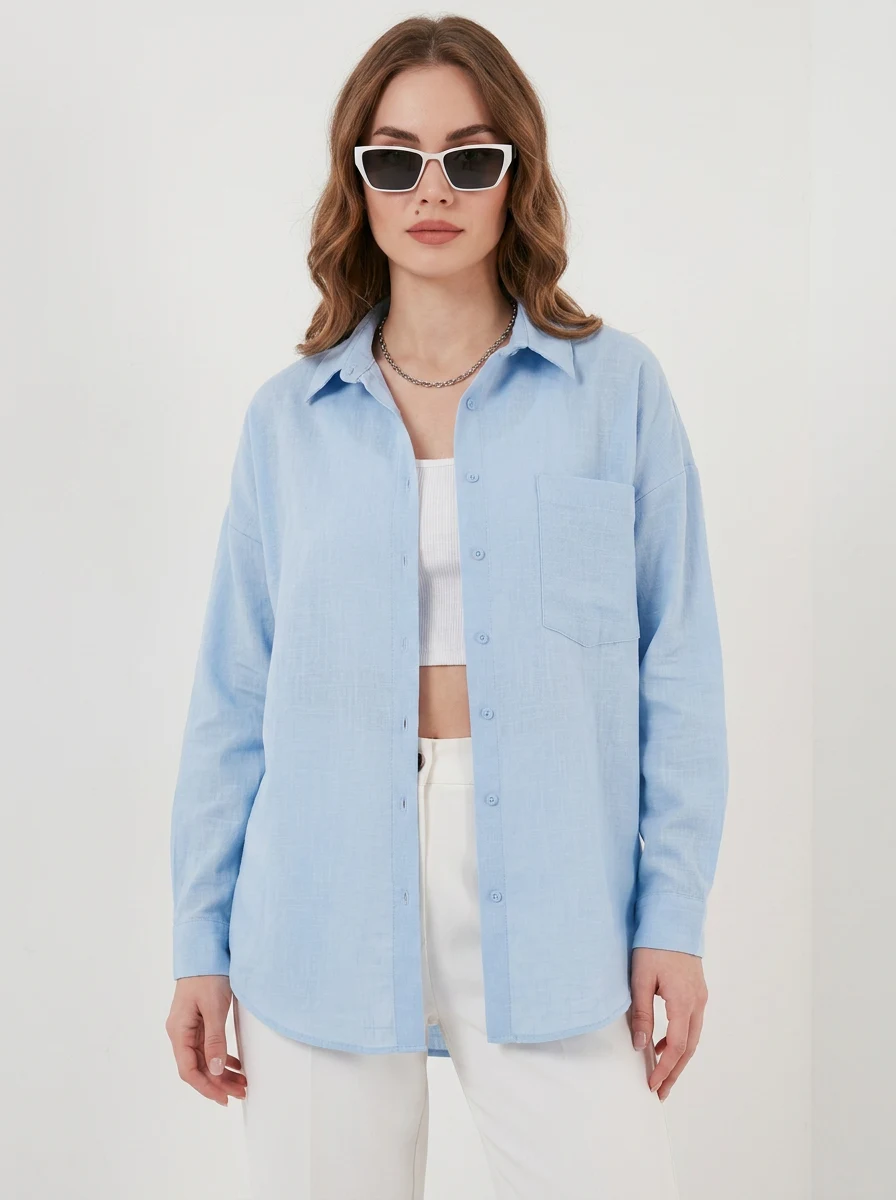  Kadın Tek Cepli Oversize Keten Buz Mavisi Gömlek 