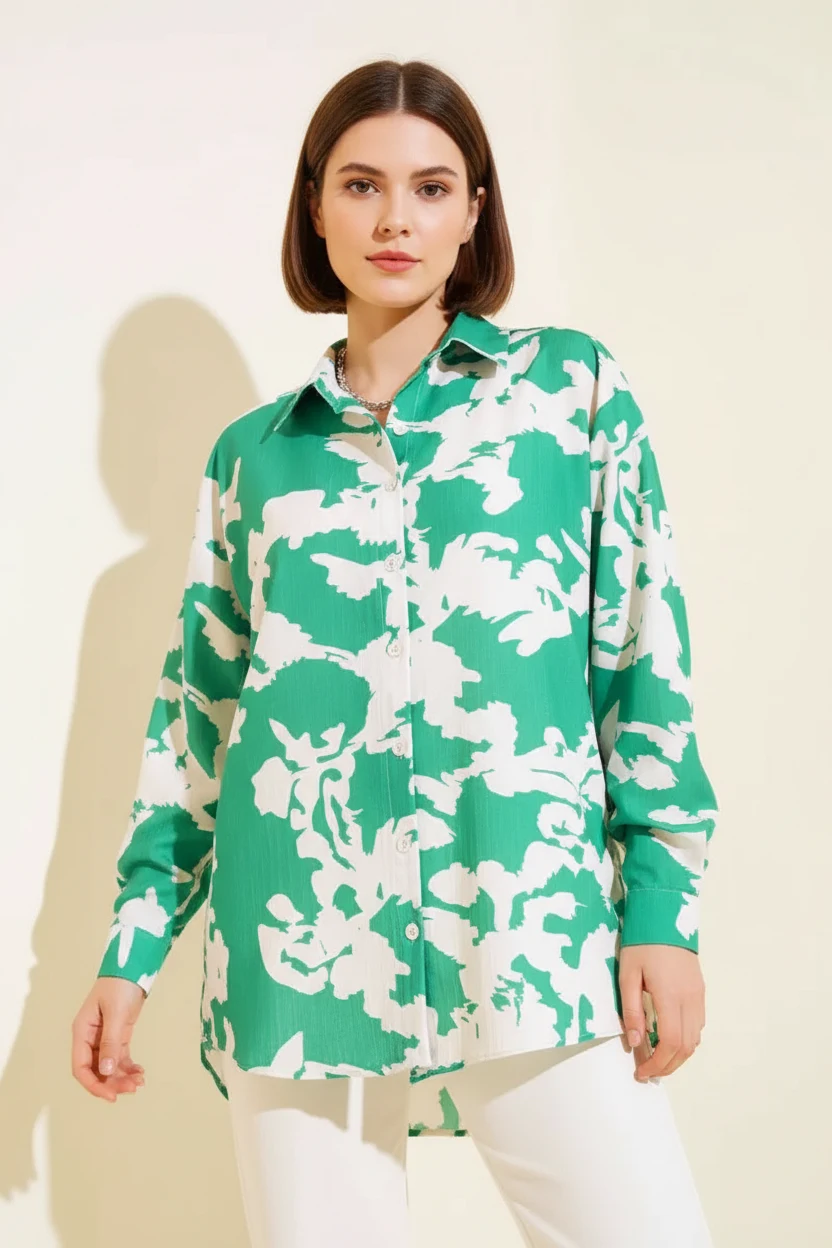  Kadın Basic Oversize Çiçek Desenli Viskon Yeşil Gömlek 