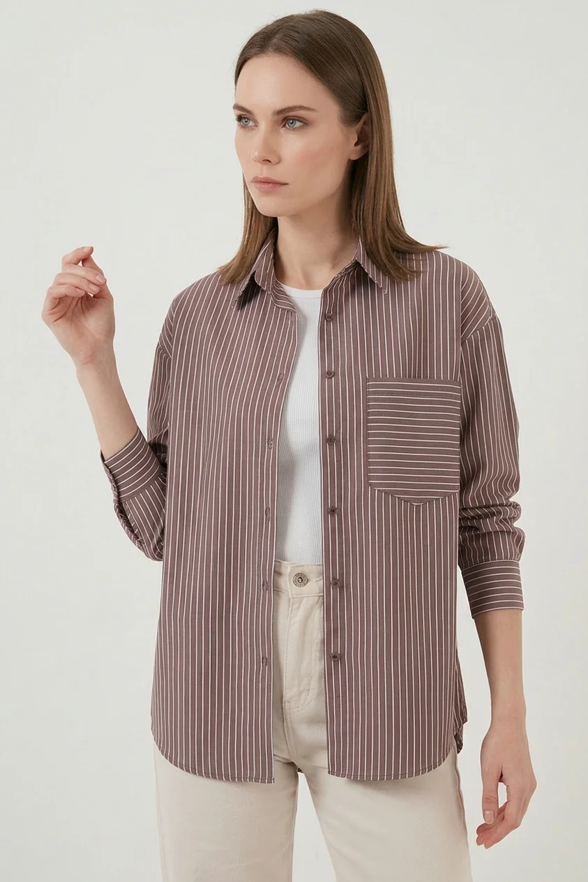  Kadın Oversize Tek Cepli Çizgili Pamuklu Kahverengi Gömlek 