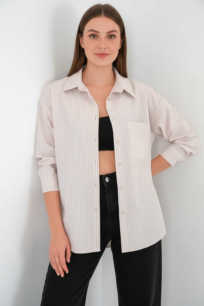  Kadın Oversize Tek Cepli Çizgili Pamuklu Krem Gömlek 