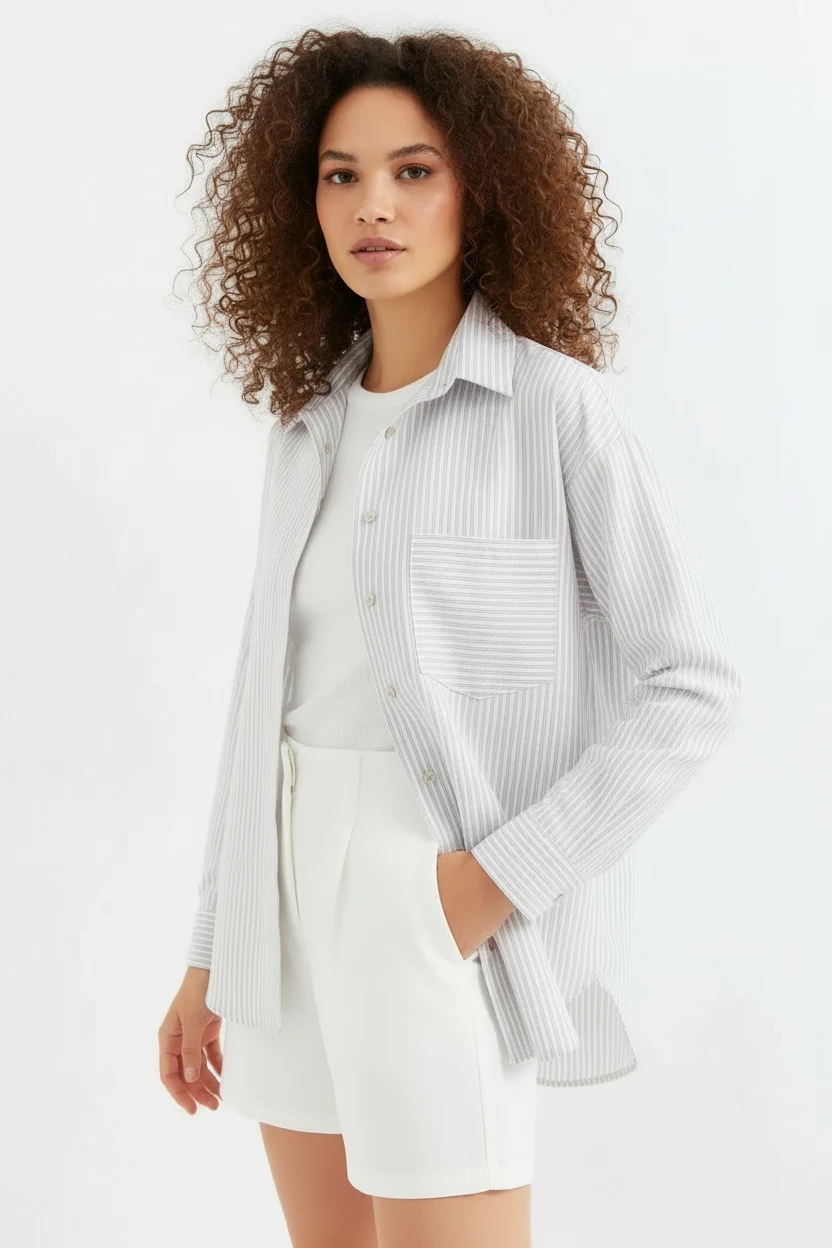  Kadın Oversize Tek Cepli Çizgili Pamuklu Bej Gömlek 