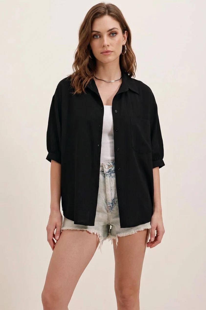  Kadın Kısa Kol Basic Oversize Pamuklu Siyah Gömlek 