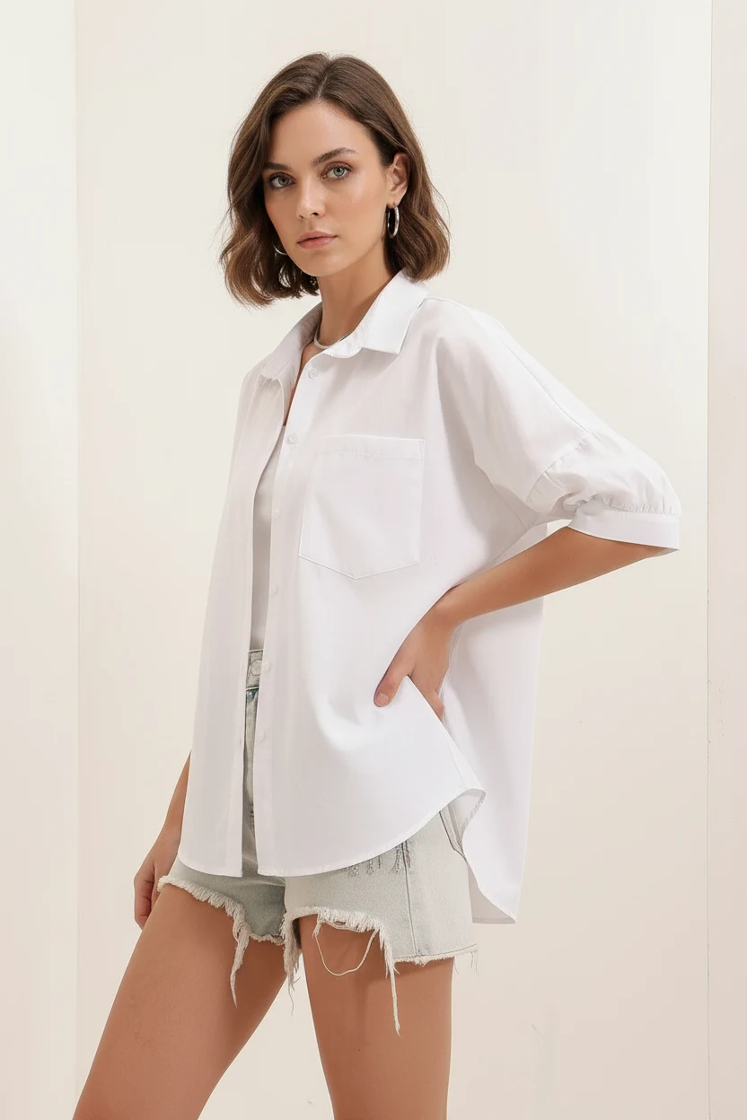  Kadın Kısa Kol Basic Oversize Pamuklu Beyaz Gömlek 