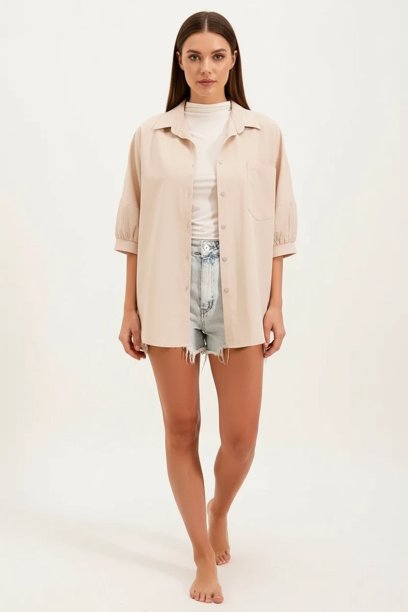  Kadın Kısa Kol Basic Oversize Pamuklu Krem Gömlek 