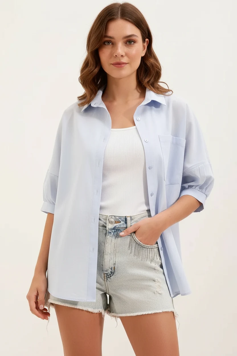  Kadın Cep Detaylı Basic Oversize Kısa Kol Pamuklu Bebe Mavisi Gömlek 