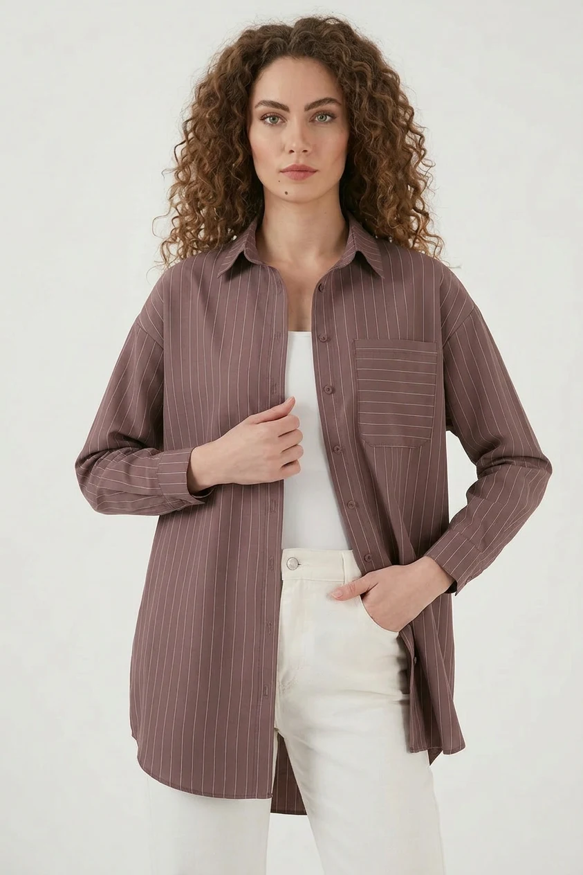  Kadın Oversize Çizgili Pamuklu Kahverengi Gömlek 