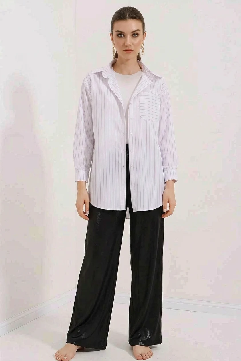  Kadın Oversize Çizgili Pamuklu Beyaz Gömlek 