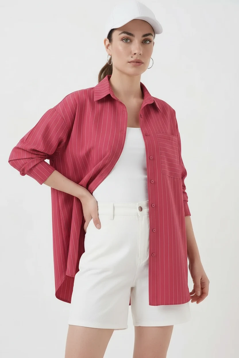  Kadın Oversize Çizgili Pamuklu Kırmızı Gömlek 