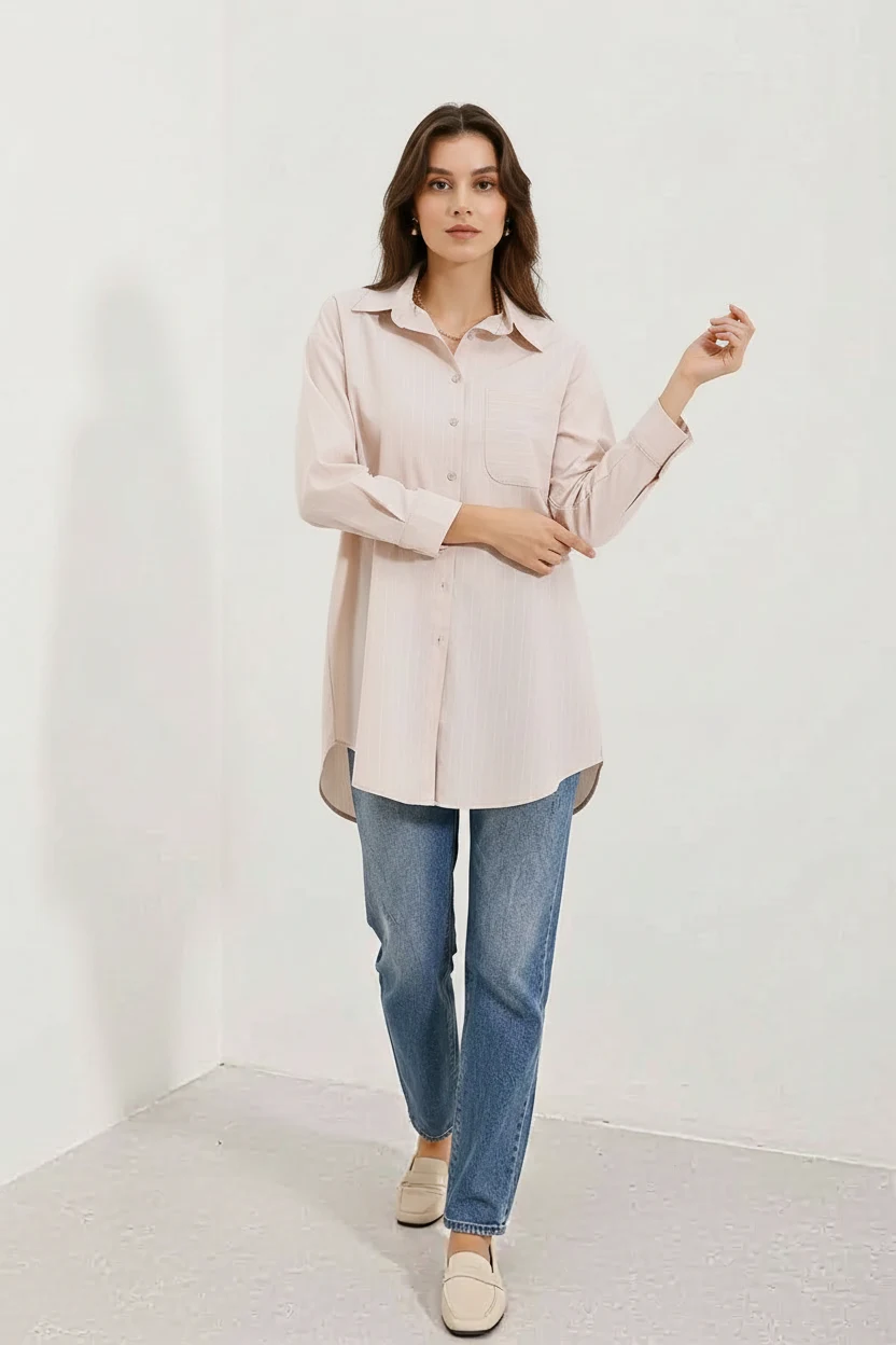  Kadın Oversize Çizgili Pamuklu Bej Gömlek 