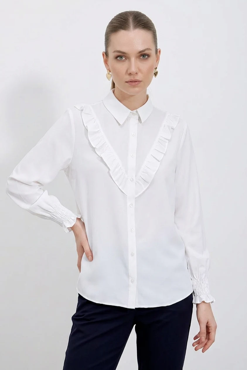  Kadın Fırfırlı Uzun Kol Beyaz Gömlek 
