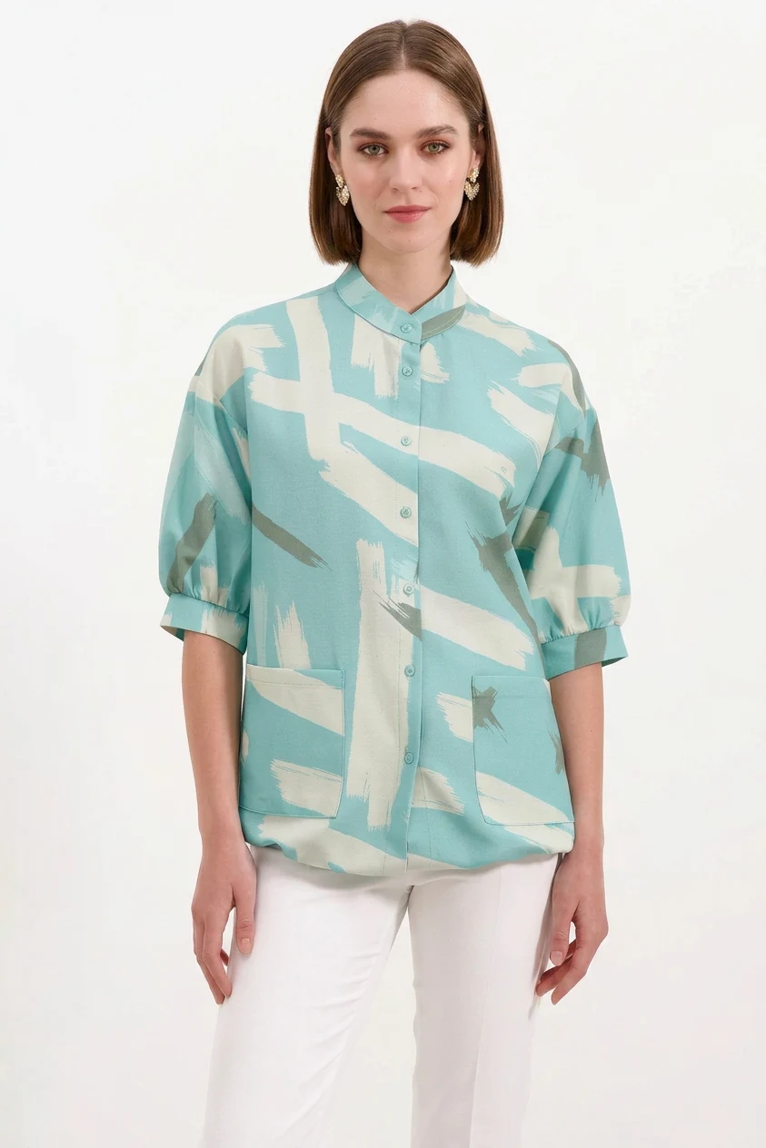  Kadın Oversize Desenli Viskon Mint Gömlek 