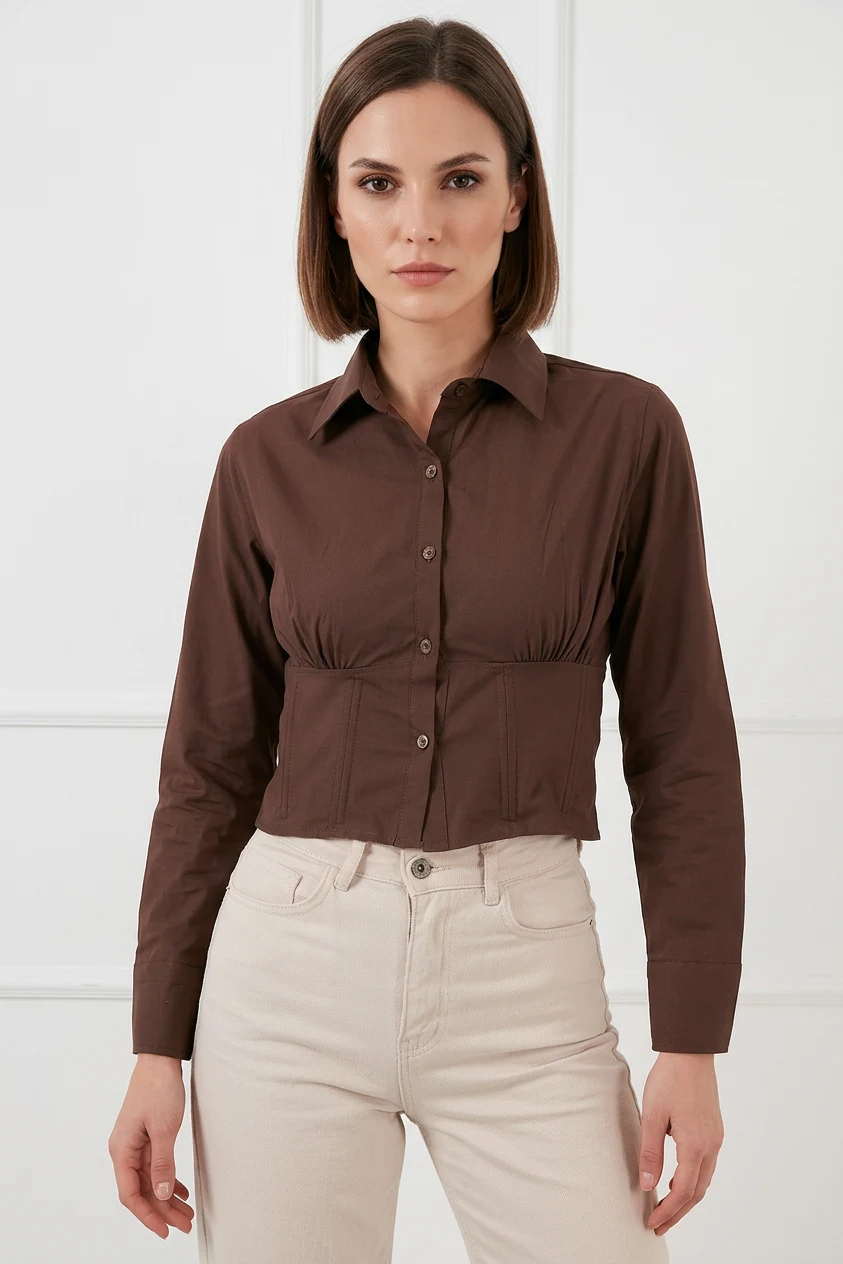  Kadın Belden Büzgülü Slim Fit Pamuklu Kahverengi Gömlek 