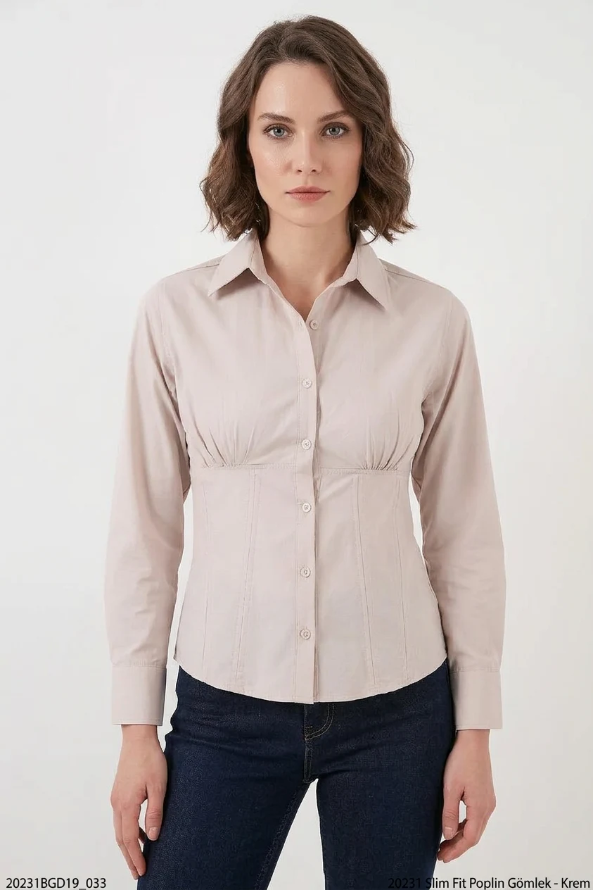  Kadın Slim Fit Belden Büzgülü Pamuklu Krem Gömlek 