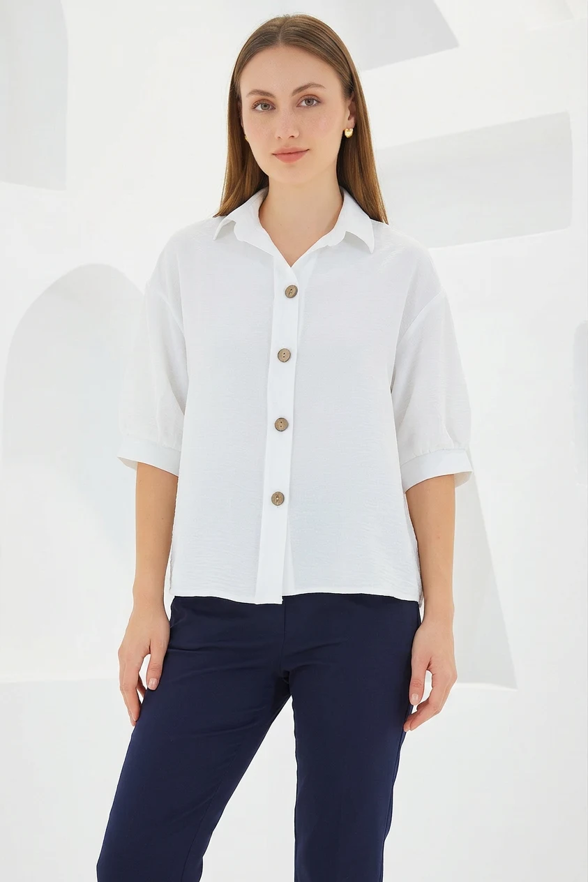  Kadın Oversize Kesim Kısa Kol Keten Beyaz Gömlek 