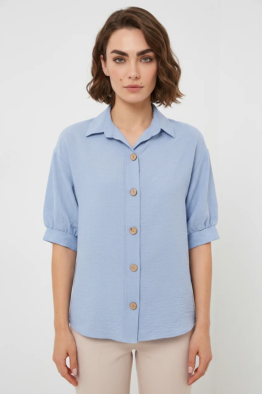  Kadın Kısa Kol Oversize Keten Mavi Gömlek 