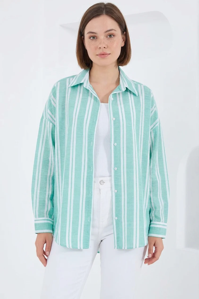  Kadın Oversize Çizgili Viskon Mint Yeşili Gömlek 
