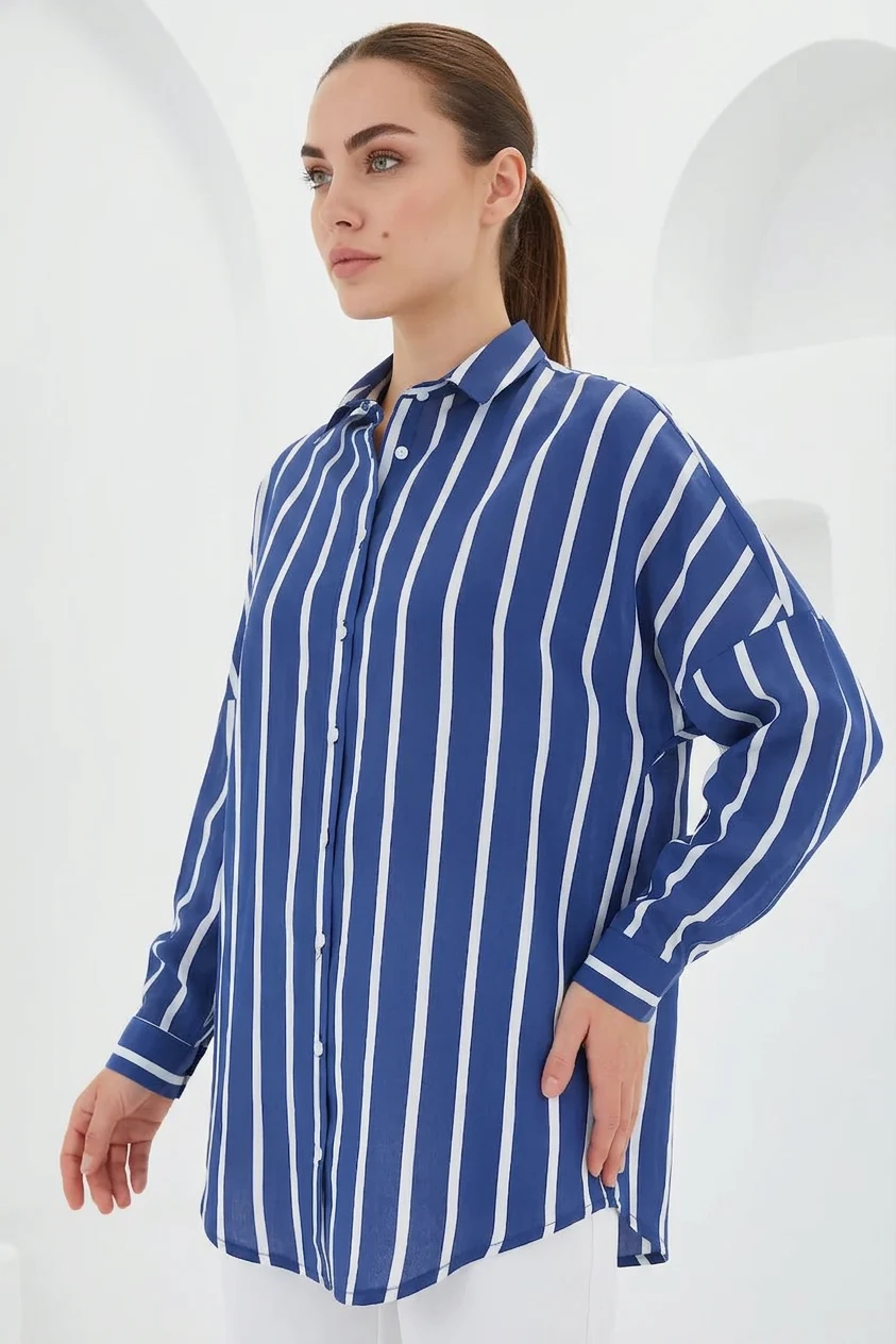  Kadın Basic Oversize Çizgili Lacivert Gömlek 