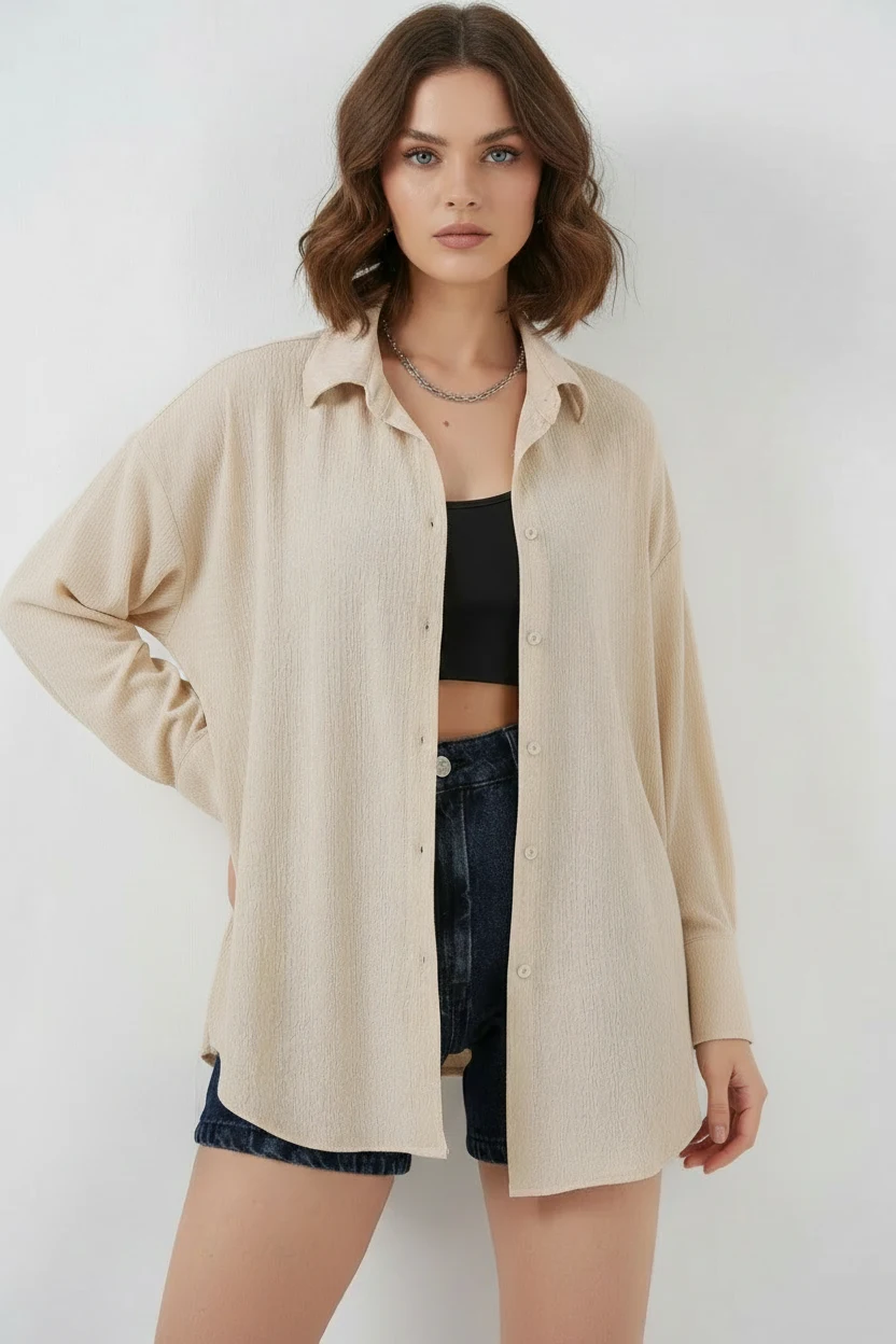  Kadın Oversize Kesim Bej Gömlek 