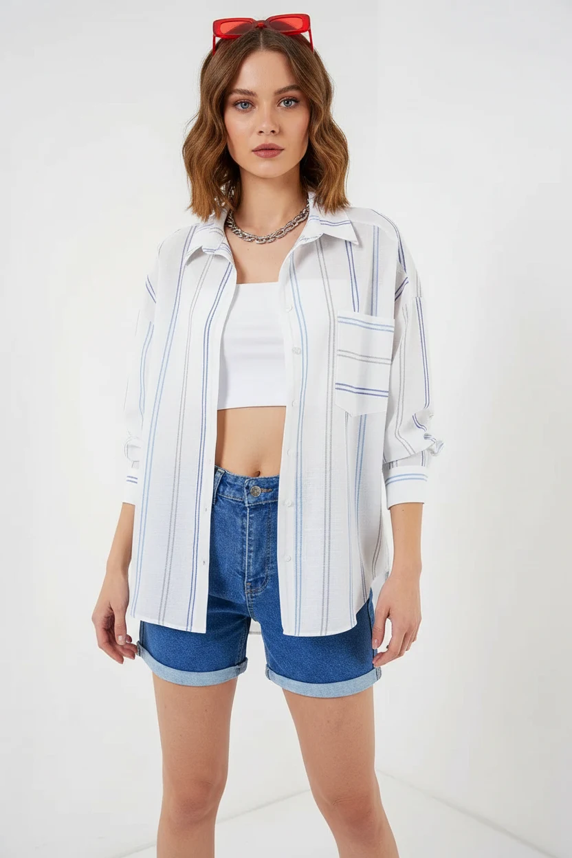  Kadın Oversize Çizgili Pamuklu Beyaz Gömlek 