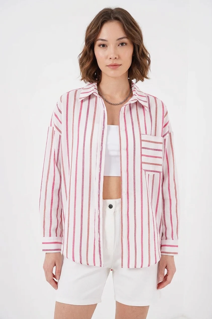  Kadın Oversize Çizgili Pamuklu Kırmızı Gömlek 