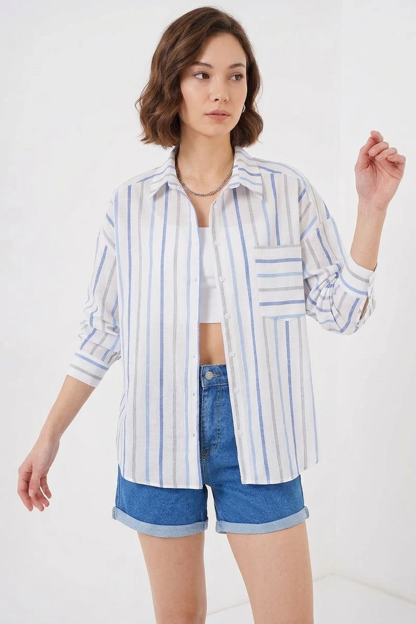  Kadın Oversize Çizgili Pamuklu Mavi Gömlek 