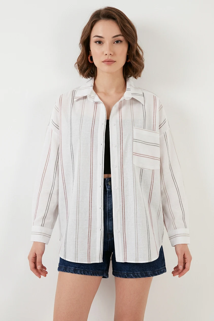  Kadın Oversize Çizgili Pamuklu B.Beyaz Gömlek 