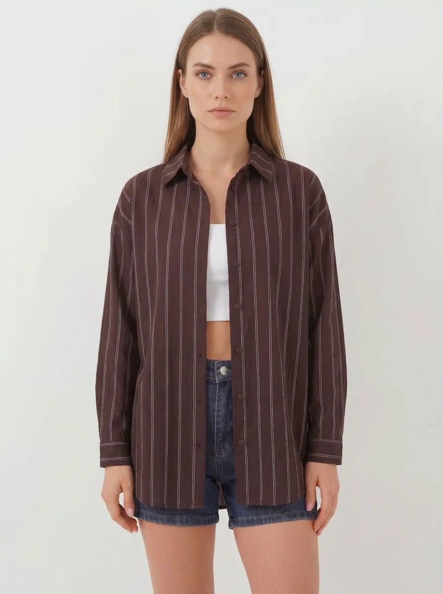  Kadın Oversize Çizgili Viskon Kahverengi Gömlek 