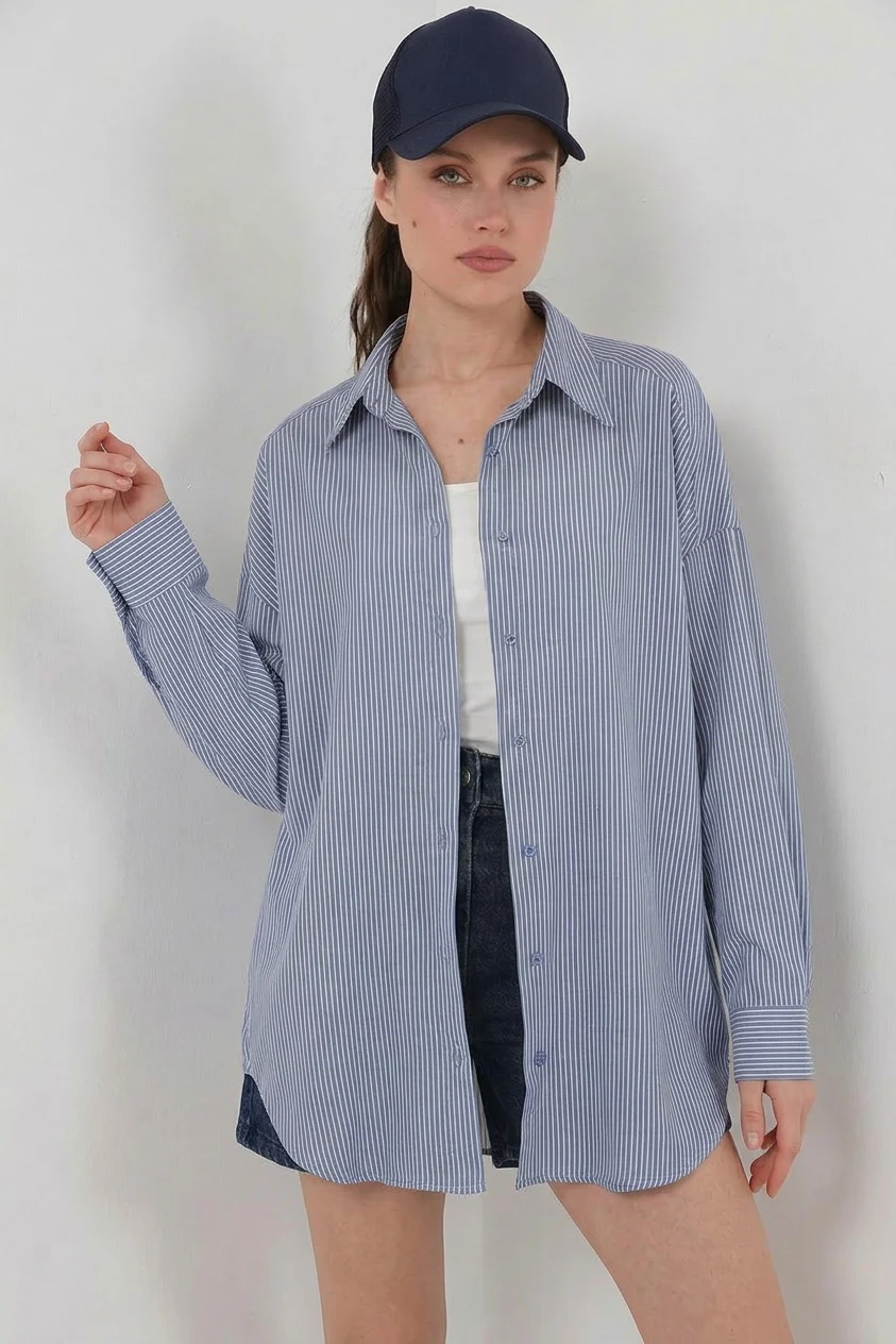  Kadın Oversize Çizgili Viskon İndigo Gömlek 