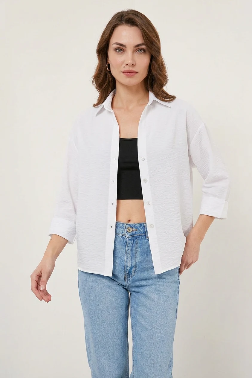  Kadın Oversize Kısa Kol Viskon Beyaz Gömlek 