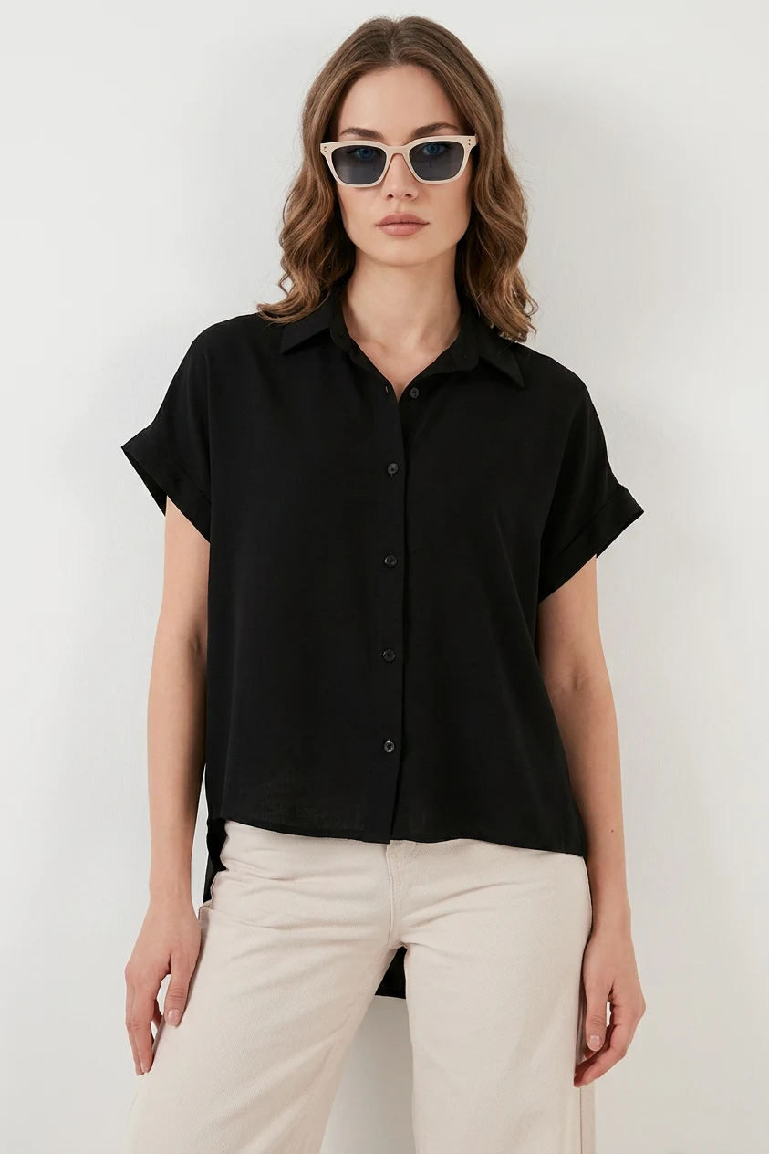  Kadın Kısa Kol Oversize Siyah Gömlek 