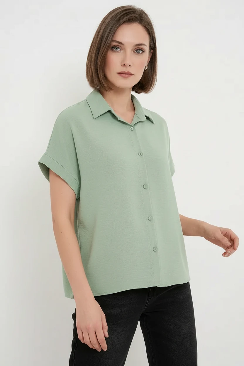  Kadın Kısa Kol Oversize Çağla Yeşili Gömlek 