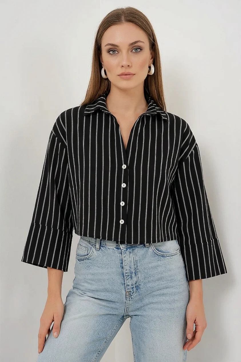  Kadın Oversize Çizgili Viskon Siyah Gömlek 