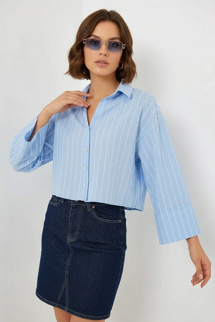  Kadın Oversize Çizgili Viskon Mavi Gömlek 
