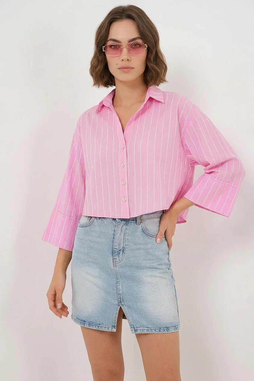  Kadın Oversize Çizgili Viskon Pembe Gömlek 