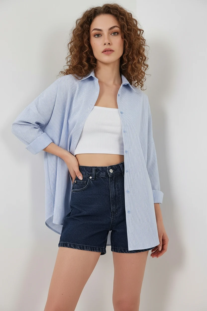  Kadın Oversize Çizgili Pamuklu Açık Mavi Gömlek 
