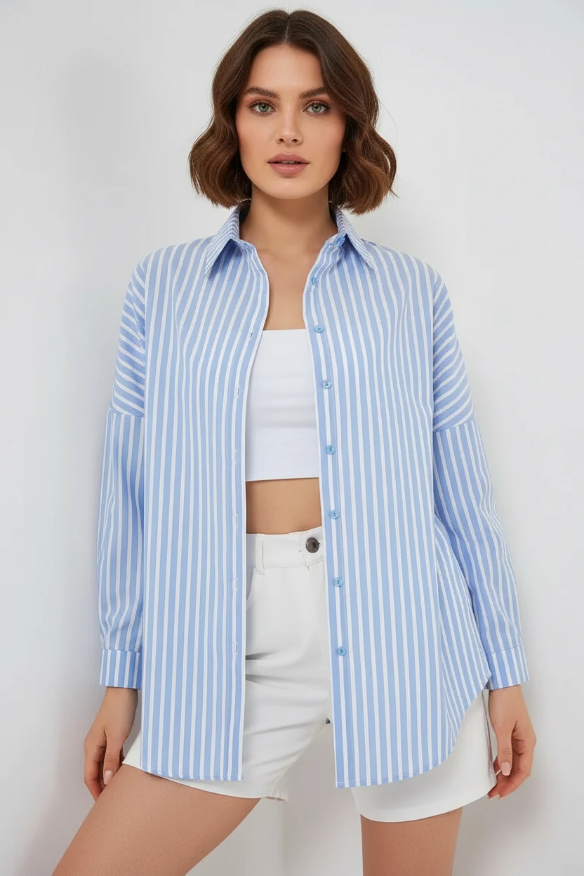  Kadın Oversize Çizgili Pamuklu Mavi Gömlek 