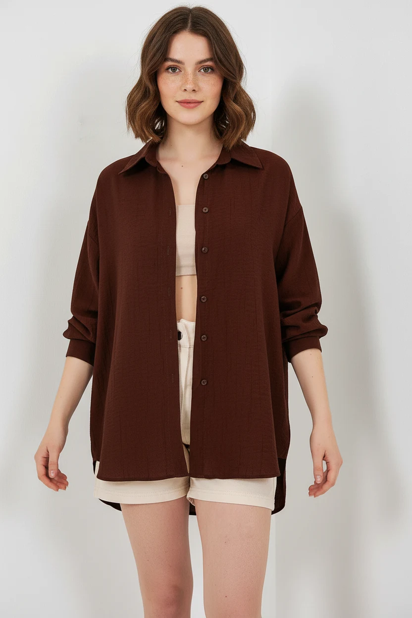  Kadın Oversize Kesim Pamuklu Kahverengi Gömlek 