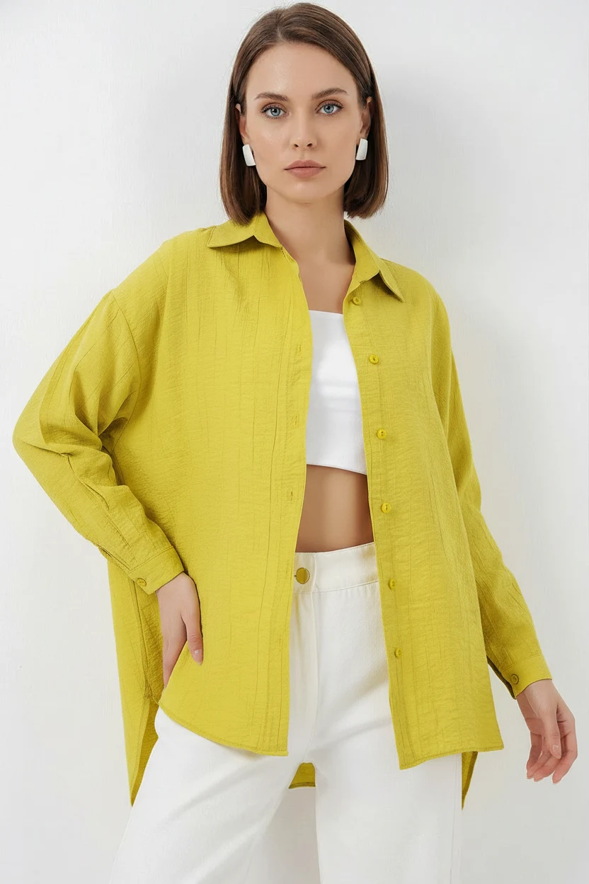  Kadın Oversize Pamuklu Hardal Gömlek 