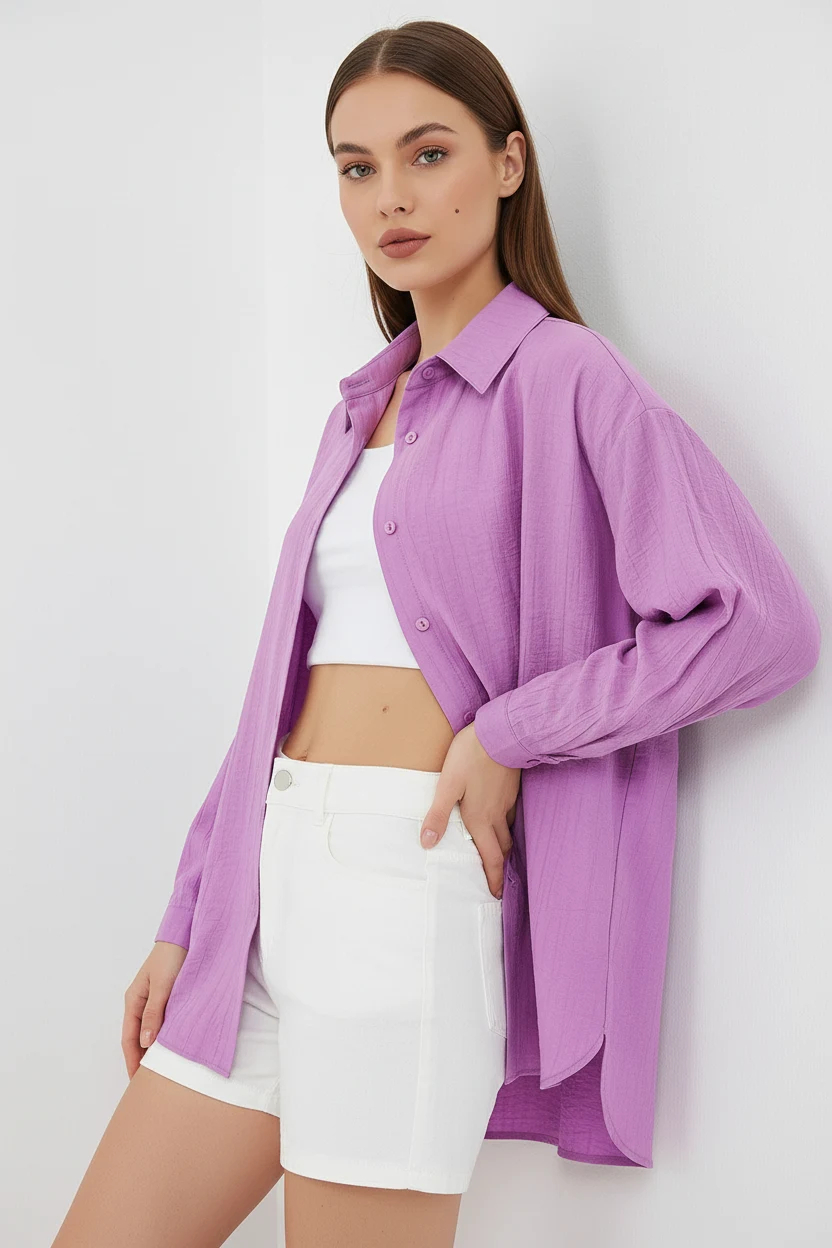  Kadın Oversize Pamuklu Lila Gömlek 