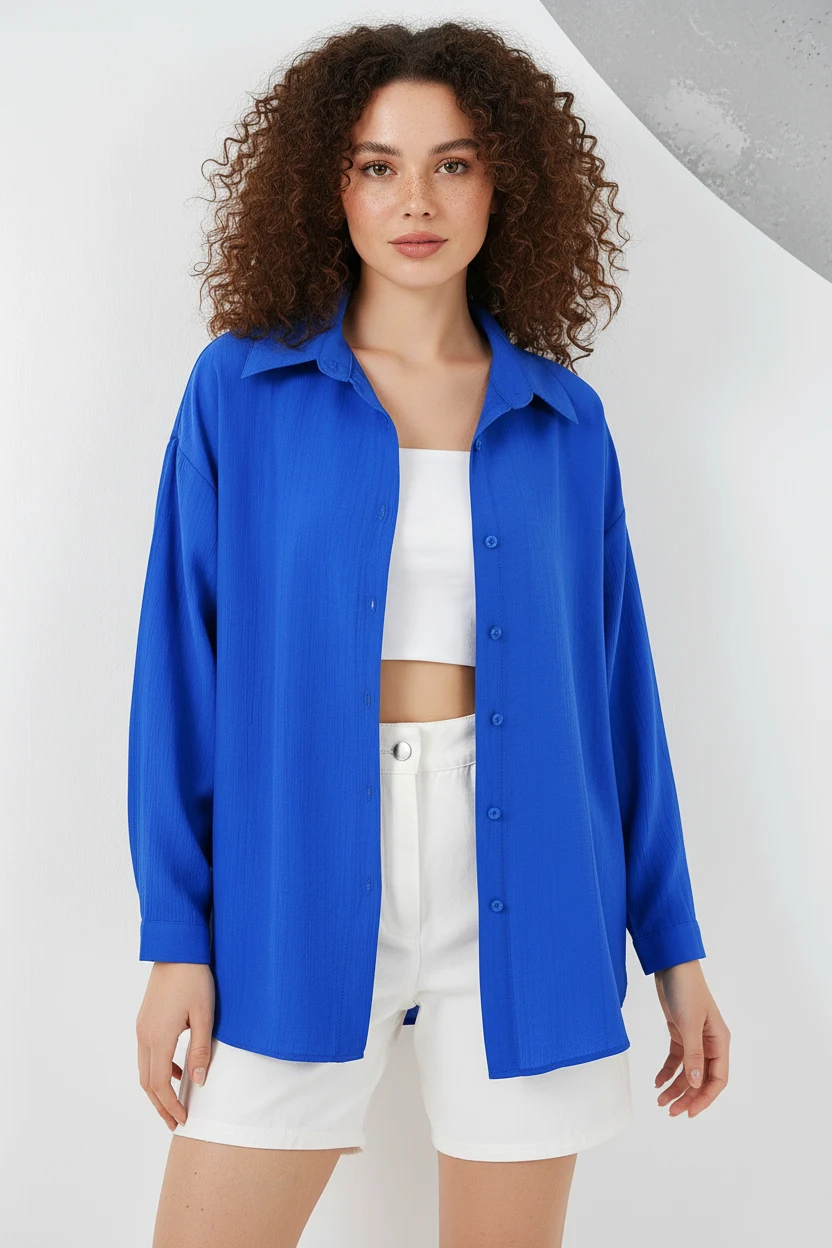  Kadın Oversize Pamuklu Saks Gömlek 